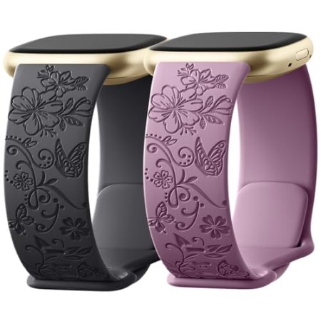 Getino Engraved Band Compatible with Fitbit Versa 4 Bands for Woman/Versa 3 Bands & Fitbit Sense 2 Bands/Sense Bands Women, Soft Floral Pattern Sport Accessories for Sense/Sense 2/Versa 4/3 SmartWatch