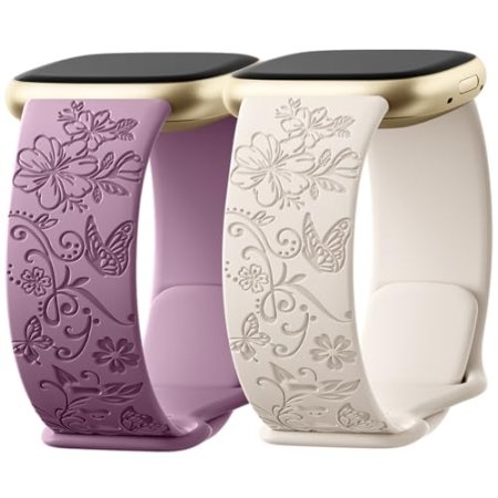Getino Engraved Band Compatible with Fitbit Versa 4 Bands for Woman/Versa 3 Bands & Fitbit Sense 2 Bands/Sense Bands Women, Soft Floral Pattern Sport Accessories for Sense/Sense 2/Versa 4/3 SmartWatch