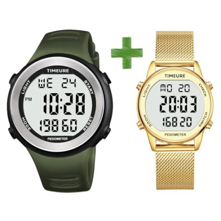 Pedometer Watch for Men and Women No App Connection, with EL Backlight. Simple, Practical Choice for Mobile-Free Fitness Enthusiasts TIMEURE-2308 Green and Gold