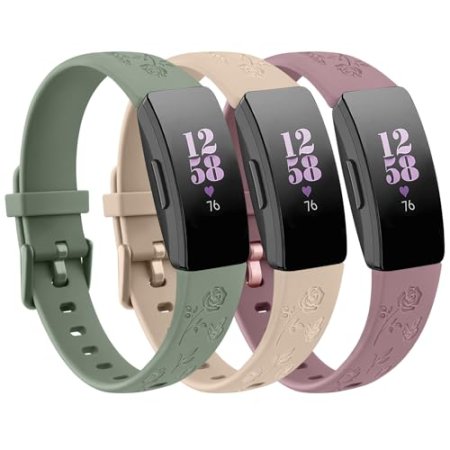 Vancle 3 Packs Floral Engraved Bands for Fitbit inspire 2 Bands, Soft Silicone Wristband Replacement Strap for Fitbit Inspire HR/Inspire/Ace 2 Fitness Tracker Women Me