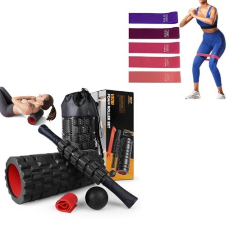 5 in 1 Foam Roller Set, Trigger Point Foam Roller, Massage Roller Stick, Massage Ball, Resistance Band for Deep Muscle Massage Pilates Yoga,Fitness Exercise for Whole Body