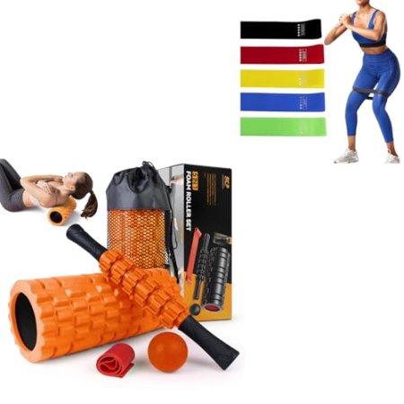 5 in1 Foam Roller Set, Trigger Point Foam Roller, Massage Roller Stick, Massage Ball, Resistance Band for Deep Muscle Massage Pilates Yoga,Fitness Exercise for Whole Body