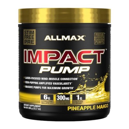 ALLMAX Impact Pump, Pineapple Mango - 360 g - Stim-Free Pre-Workout Formula - Boosts Pumps & Mind-Muscle Connection - with Citrulline Malate & Lion’s Mane - Up to 30 Servings