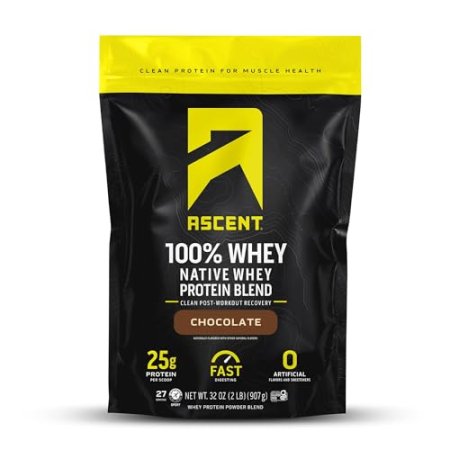 Ascent 100% Whey Protein Powder - Post Workout Whey Protein Isolate, Zero Artificial Flavors & Sweeteners, Gluten Free, 5.5g BCAA, 2.6g Leucine, Essential Amino Acids, Chocolate 2 lb