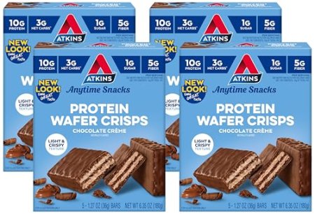 Atkins Chocolate Crème Protein Wafer Crisps, Protein Dessert, 4g Net Carb, 1g Sugar, High in Fiber, Keto Friendly, 5 Count (Pack of 4)