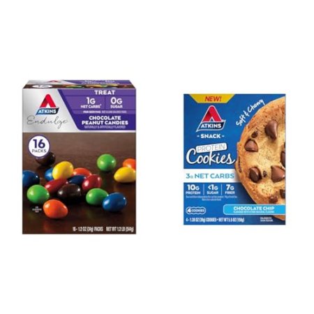 Atkins Chocolate Peanut Candies 16 Count, Chocolate Chip Protein Cookie 4 Count Bundle