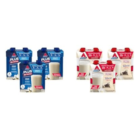 Atkins Creamy Vanilla PLUS Protein Shake, 30g Protein, 7g Fiber, 1g Net Carb, 1g Sugar & Vanilla Cream Meal Size Protein Shake, 23g Protein, Low Glycemic, 3g Carb, 1g Sugar