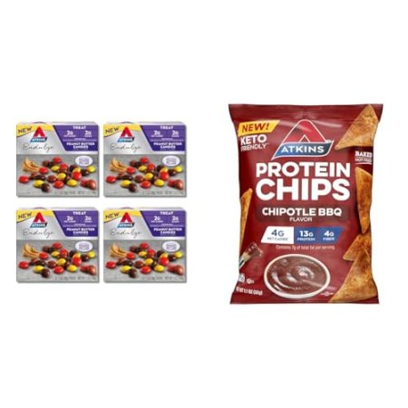 Atkins Endulge Peanut Butter Candies 2g Net Carbs 4 Packs, Chipotle BBQ Protein Chips 13g Protein 12 Count