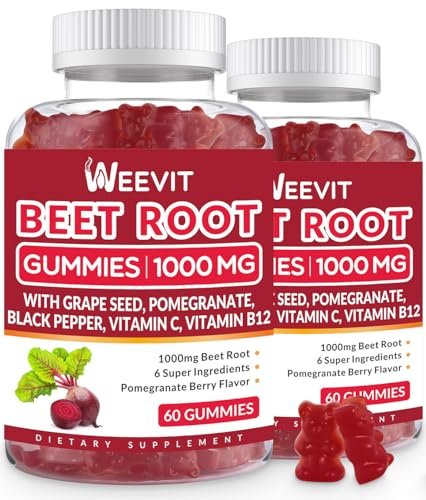 Beet Root Gummies 1000mg, Nitric Oxide Supplement for Men Women | Organic Beet Gummy with Grape Seed, Pomegranate, Black Pepper, Vitamin C, B12 (2-Pack)