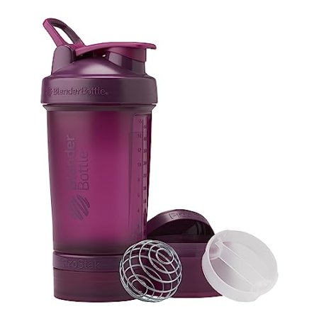 BlenderBottle Shaker Bottle with Pill Organizer and Storage for Protein Powder, ProStak System, 22-Ounce, Plum