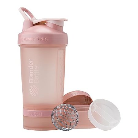 BlenderBottle Shaker Bottle with Pill Organizer and Storage for Protein Powder, ProStak System, 22-Ounce, Rose Pink