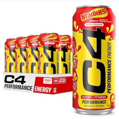 C4 Performance Energy Drink | STARBUST™ Cherry | Zero Sugar Carbonated Preworkout Energy | 200mg Caffeine with Beta Alanine | 16 Fl Oz (12 Pack)