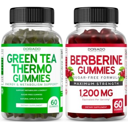 DORADO NUTRITION Green Tea Fat Burner Gummies (60 Gummies) and Sugar Free Berberine Gummies with Ceylon Cinnamon (1,200mg) (60 Gummies)