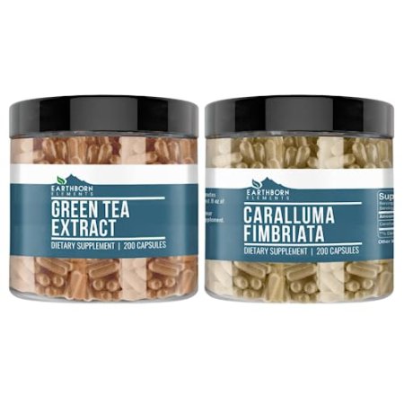 Earthborn Elements Caralluma Fimbriata & Green Tea Capsule Bundle (200 Capsules Each), Pure & Undiluted, No Additives