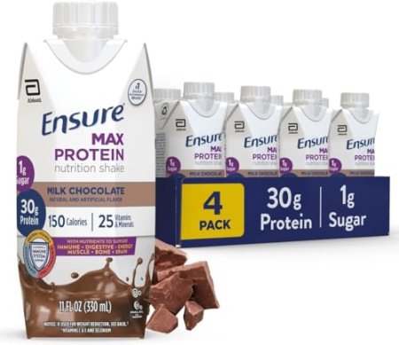 Ensure Max Protein Milk Chocolate Nutrition Shake, 30g Protein, 1g Sugar, 4g Comfort Fiber Blend, (4 Pack)