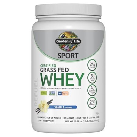 Garden of Life SPORT Whey Protein Powder Vanilla., Premium Grass Fed Whey Protein Isolate plus Probiotics for Immune System Health, 24g Protein, Non GMO, Gluten Free., Cold Processed - 20 Servings