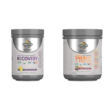 Garden of Life Vegan Organic Plant-Based Post Workout Recovery Powder, 30 Servings, 15.7 Oz & Pre Workout Energy Powder, 40 Servings, 8.14 Oz Bundle