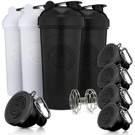 GOMOYO Fitness Bundle - 4-Pack Shaker Bottles with Agitator + 5-Pack Protein Funnels with Carabiner, BPA-Free & Dishwasher Safe