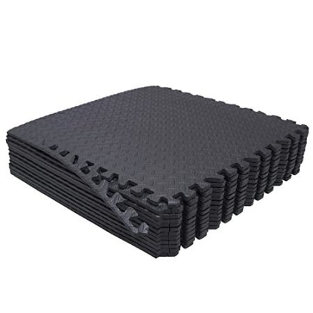 HTTMT- 12X(48 Sqft) Black Gym Floor Mat 24x24 EVA Foam Interlocking Exercise Fitness Puzzle Floor Gym Yoga Mat Workout Pad [P/N: MTET-HOME012-12PC]