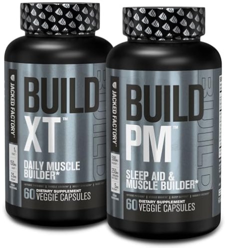 Jacked Factory AM & PM Muscle Building Supplement Stack - Build-XT Muscle Builder & Build PM Night Time Muscle Growth & Sleep Aid