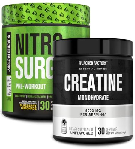 Jacked Factory NITROSURGE Pre Workout Supplement (Blueberry Lemonade, 30 Servings) & Creatine Monohydrate Powder (Unflavored, 30 Servings)