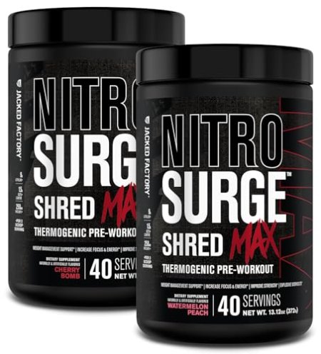 Jacked Factory Nitrosurge Shred Max Preworkout - High-Performance Thermogenic Pre Workout Powder with L Citrulline, Acetyl L Carnitine, Organic Caffeine - 80 Servings, Cherry Bomb & Watermelon Peach