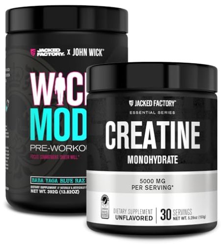 Jacked Factory X John Wick - Wick Mode Pre Workout Powder (Baba Yaga Blue Raz, 40 Servings) & Creatine Monohydrate Powder (Unflavored, 30 Servings)