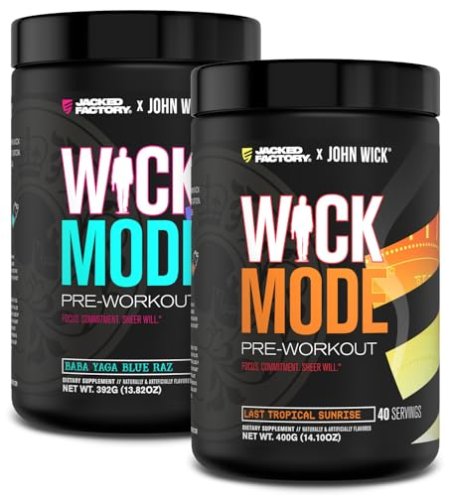 Jacked Factory X John Wick - Wick Mode Pre Workout Powder - Intense Energy, Battle-Ready Focus, Unstoppable Commitment, and Sheer Will - Baba Yaga Blue Raz & Last Tropical Sunrise