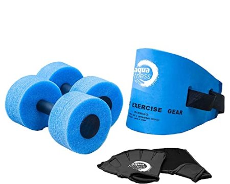 New Aqua 6-Piece Water Fitness Set – Exercise Equipment for Water Aerobics and Other Pool Exercise – Includes Aquatic Swim Belt, Resistance Gloves, and Dumbbells