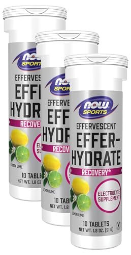 NOW Sports Nutrition, Effervescent Effer-Hydrate, Electrolyte Supplement, Recovery*, Lemon Lime, 10 Tablets (Pack of 3)