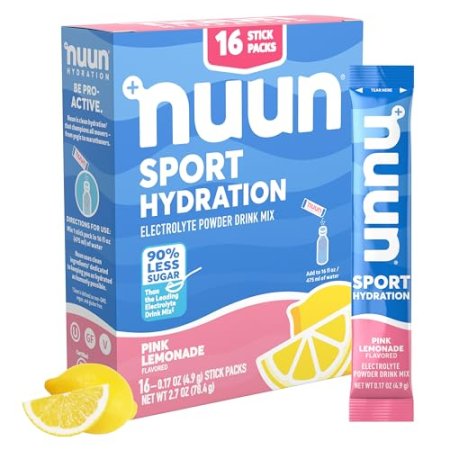 Nuun Sport Electrolyte Powder Packets - Pink Lemonade Flavor | 5 Essential Electrolytes for Hydration | Easy Open Drink Mix with Magnesium | 1g Sugar | Non GMO, Vegan | 16 Single Serving Sticks