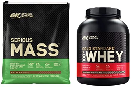 Optimum Nutrition Serious Mass Weight Gainer Protein Powder & Gold Standard 100% Whey Protein Powder, Double Rich Chocolate, 5 Pound (Packaging May Vary)