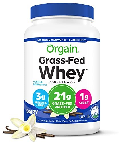 Orgain Whey Protein Powder, Vanilla Bean- 21g Grass Fed Dairy Protein, 5g BCAAs, 3g Prebiotic Fiber, No Sugar Added, No Added Hormones, Gluten Free, Kosher, For Shakes & Smoothies - 1.82lb