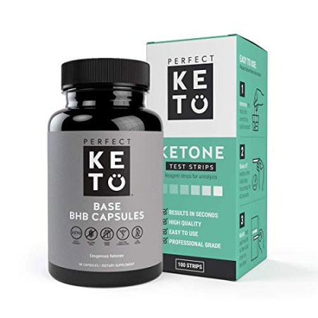 Perfect Keto Exogenous Ketones Base BHB Supplement (60 capsules) - Ketogenic Diet Support Weight Management, Energy & Focus - Ketosis Beta-Hydroxybutyrate with (100 pcs) Keto Strips Bundle