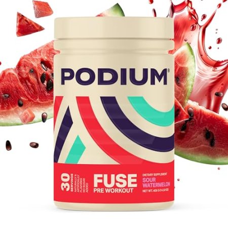 Podium Nutrition, Fuse Pre Workout Powder, Sour Watermelon, 30 Servings, Beta Alanine and Caffeine for Energy, Gluten Free, Soy Free, Dairy Free