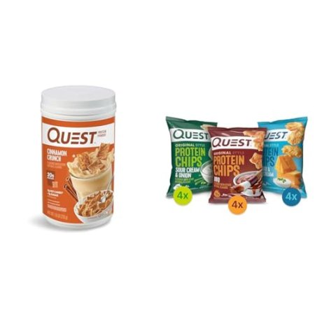 Quest Cinnamon Crunch Protein Powder 24 Servings, Protein Chips Variety Pack (BBQ, Cheddar & Sour Cream, Sour Cream & Onion) 12 Count