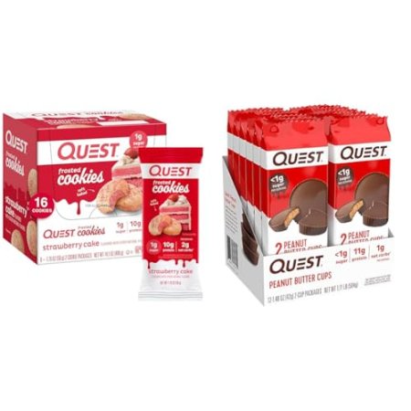 Quest Nutrition Frosted Cookies Twin Pack, Strawberry Cake, 1g Sugar, 10g Protein, 2g Net Carbs & High Protein Low Carb, Gluten Free, Keto Friendly, Peanut Butter Cups, 12 Count