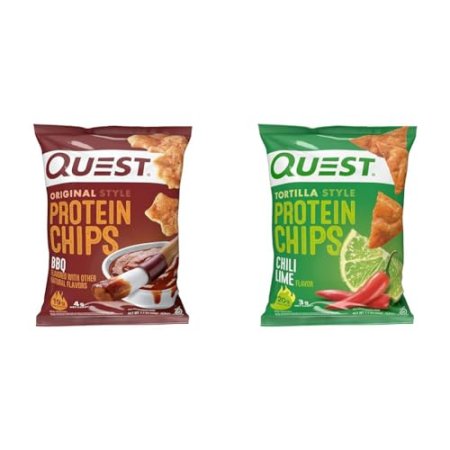 Quest Nutrition Protein Chips, BBQ, High Protein, Low Carb, 1.1 Ounce (Pack of 12) & Tortilla Style Protein Chips, Chili Lime, Baked, 1.1 Oz, Pack of 12