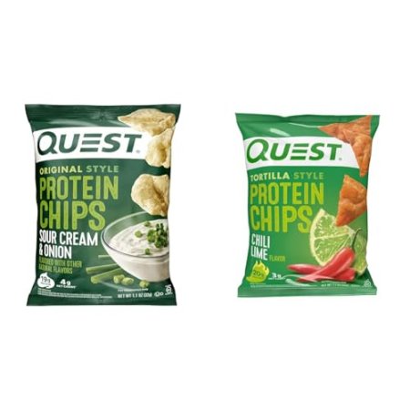 Quest Nutrition Protein Chips, Sour Cream & Onion, High Protein, Low Carb, Pack of 12 & Tortilla Style Protein Chips, Chili Lime, Baked, 1.1 Oz, Pack of 12