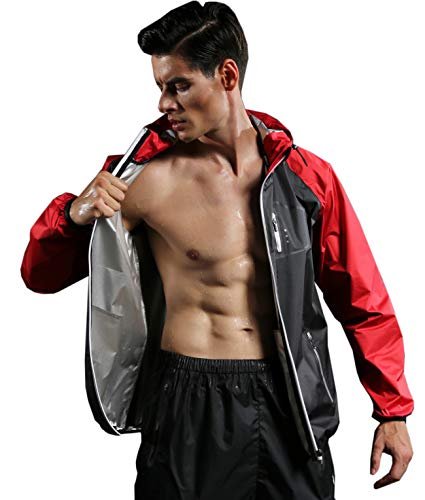 Red Plume Sauna Jacket for Men Outdoor Sports Hoodies Men's Fitness Weight Loss Coat Long Sleeve Jacket (Red, XXXXL)