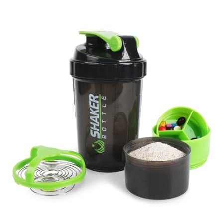 Shaker Bottle - Protein Shaker Cup with Storage Compartments - Leak-proof Workout Shake Bottles with Mixer for Smooth Mixing-500ML/16oz (GREEN & BLACK)