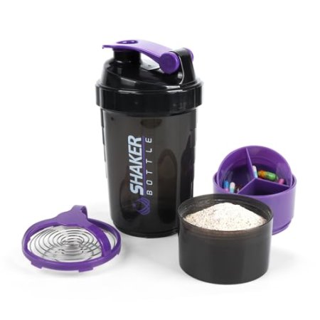 Shaker Bottle - Protein Shaker Cup with Storage Compartments - Leak-proof Workout Shake Bottles with Mixer for Smooth Mixing-500ML/16oz (PURPLE & BLACK)