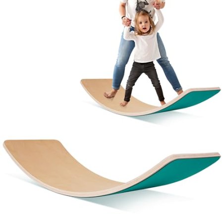 Signature Fitness Balance Board Wooden Wobble, 32 Inch Montessori Rocker Yoga Curvy Board Natural Wood, Kids Toddler Open Ended Learning Toy, Sensory Play Equipment for Office & Classroom