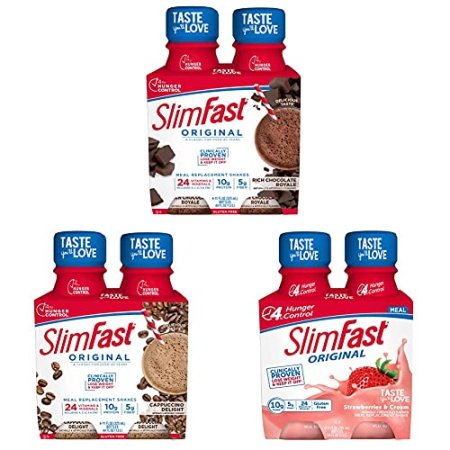 SlimFast Original - Weight Loss Meal Replacement Shakes - 10g Protein & 5g Fiber – Rich Chocolate Royale - Cappuccino Delight – Strawberries & Cream - 12 Count Variety Bundle - Pantry Friendly