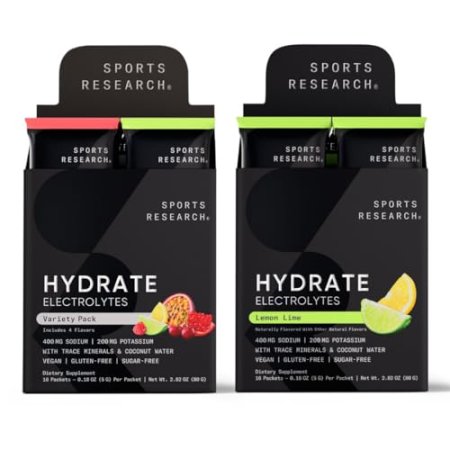 Sports Research Hydrate Electrolytes Combo Pack - Sugar-Free & Naturally Flavored with Vitamins, Minerals, and Coconut Water - Supports Hydration - 32 Packets - Lemon Lime Dominant Flavor
