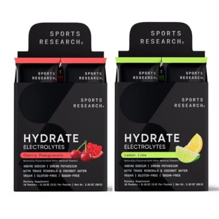 Sports Research Hydrate Electrolytes Dynamic Duo - Sugar-Free & Naturally Flavored with Vitamins, Minerals, and Coconut Water - 32 Hydration Packets of Cherry Pomegranate & Lemon Lime