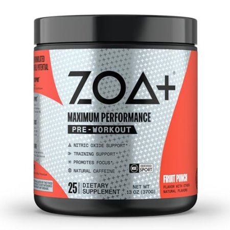 ZOA+ Zero Sugar Pre Workout Powder, Fruit Punch - NSF Certified for Sport with Electrolytes, Creatine, Beta Alanine, Ginkgo Biloba, 200mg Caffeine - 25 Servings