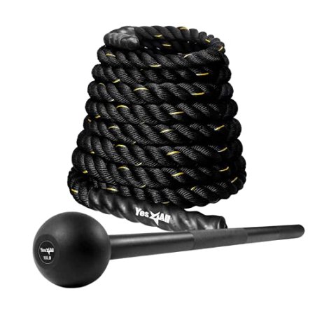 Yes4All Battle Rope 1.5 Inch Diameter Poly Dacron 30 Ft Length Workout Rope & Steel Mace Bell 10 lb for Strength Training, Shoulder, Grips & Forearms Workouts
