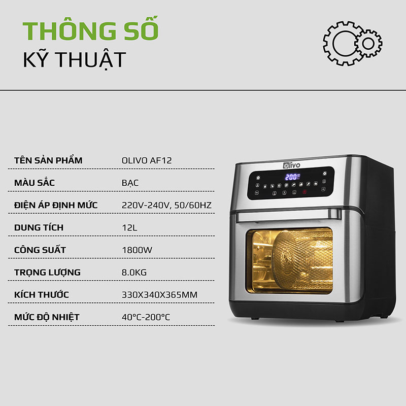 Thông số kỹ thuật của sản phẩm nồi chiên không dầu Olivo AF12