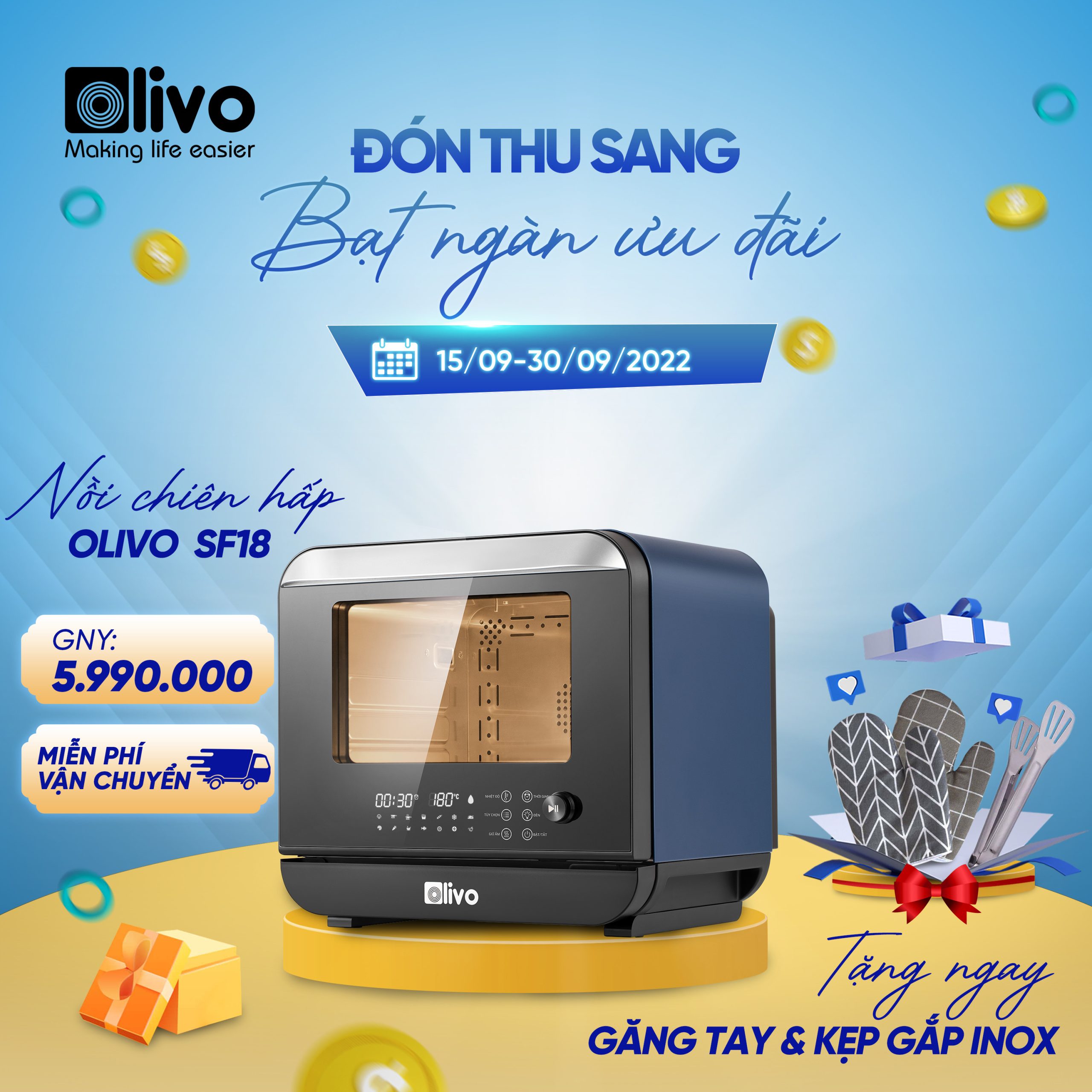 Nồi Chiên Hơi Nước OLIVO SF18 chính hãng, bảo hành 2 năm